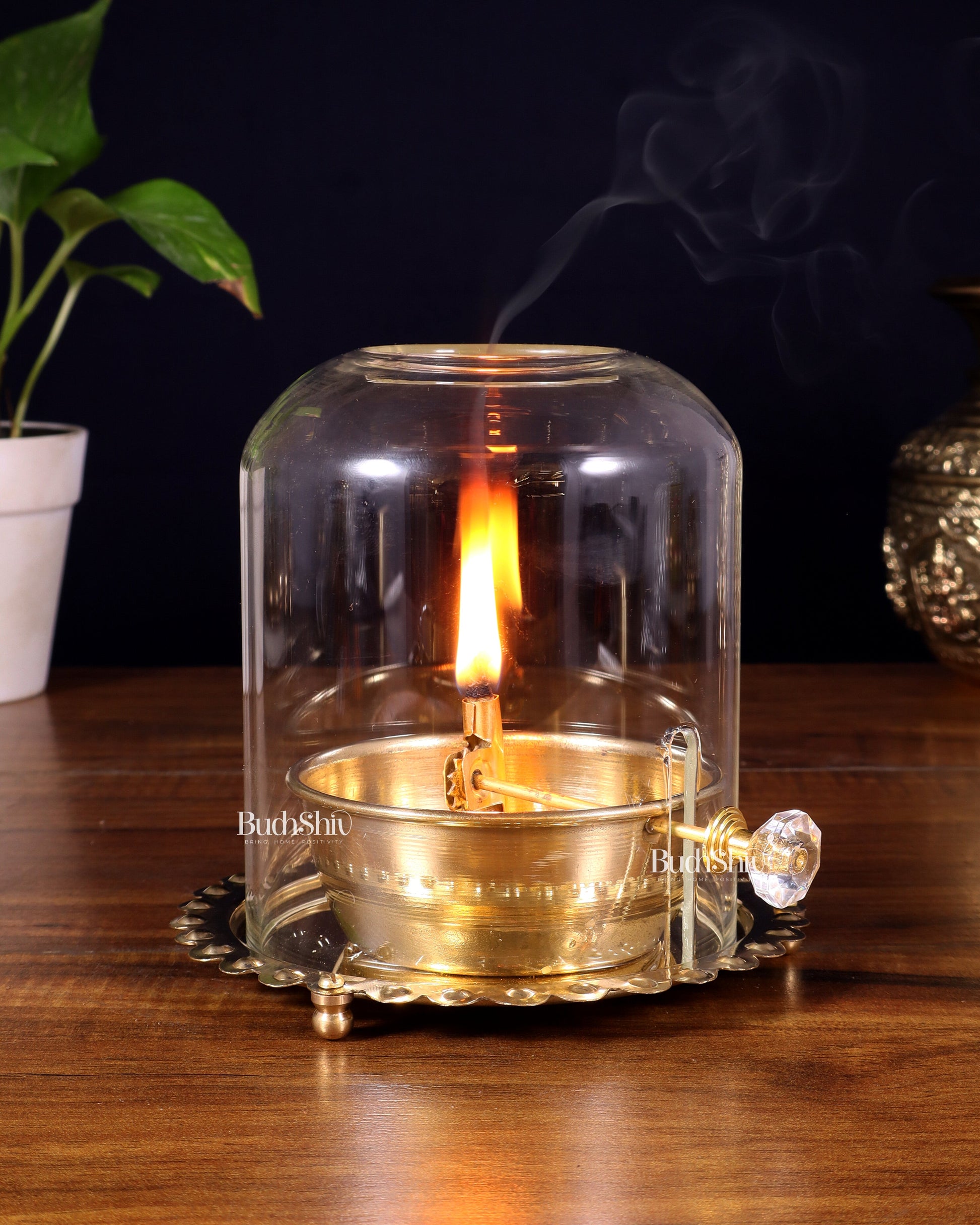 Pure Brass Akhand Diya with Glass Cover & Adjustable Baati