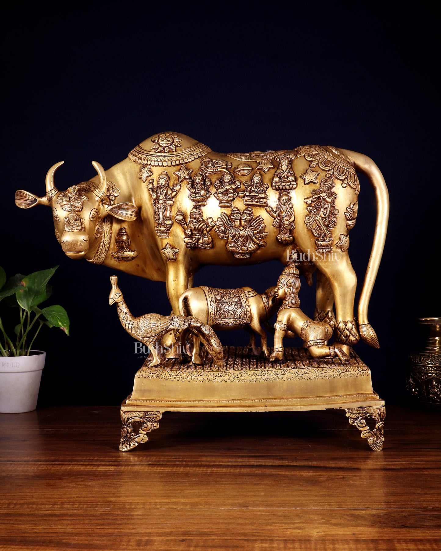 Brass Kamdhenu cow with calf idol large 20 inch