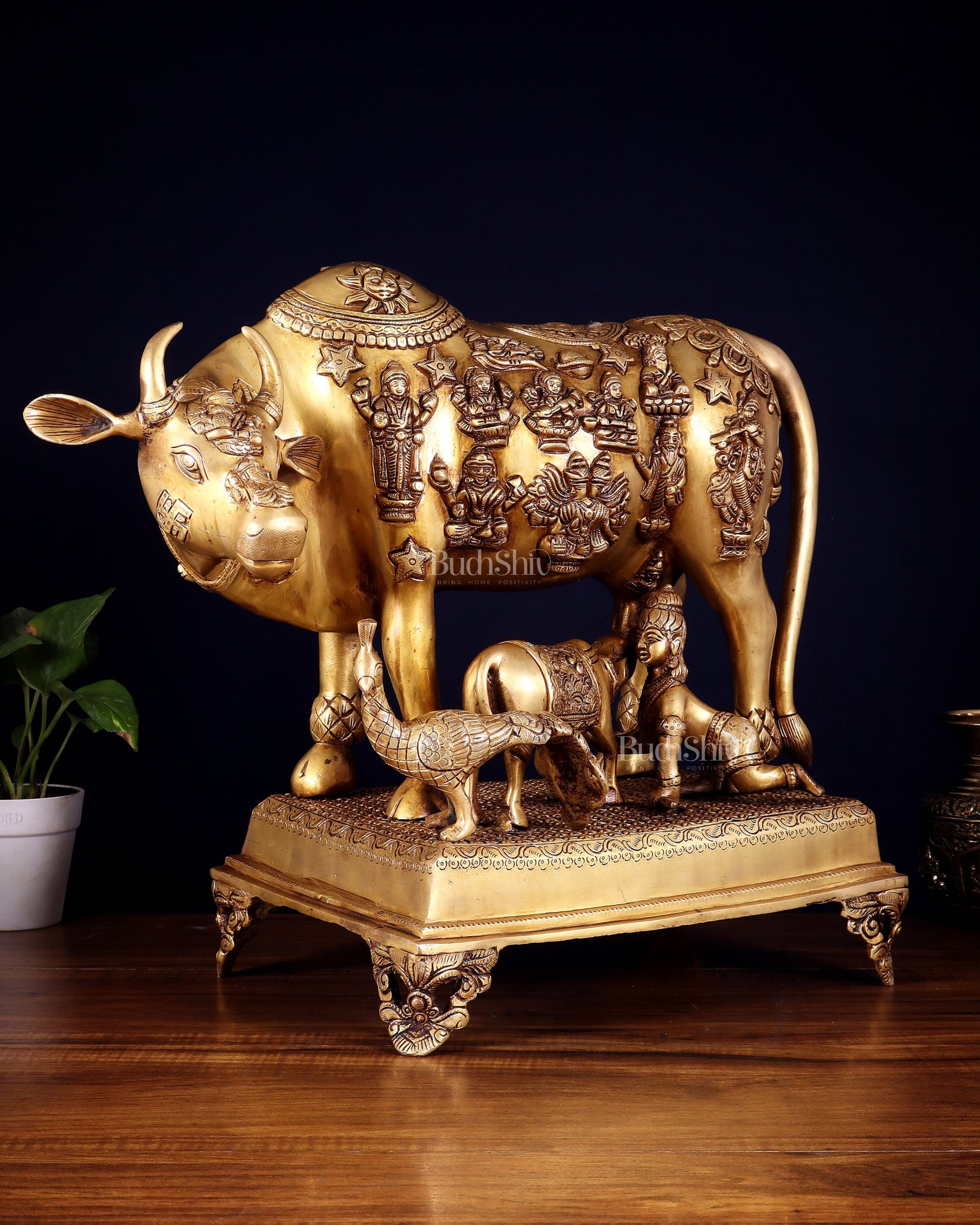 Brass Kamdhenu cow with calf idol large 20 inch