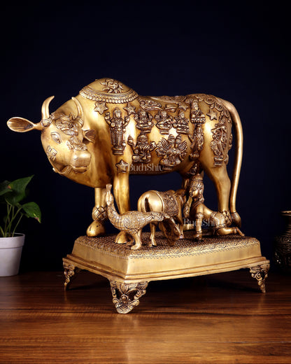 Brass Kamdhenu cow with calf idol large 20 inch
