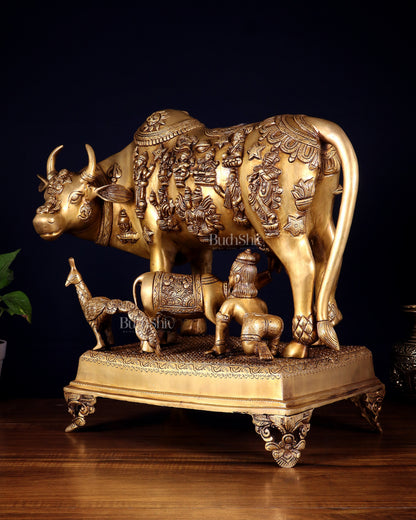 Brass Kamdhenu cow with calf idol large 20 inch