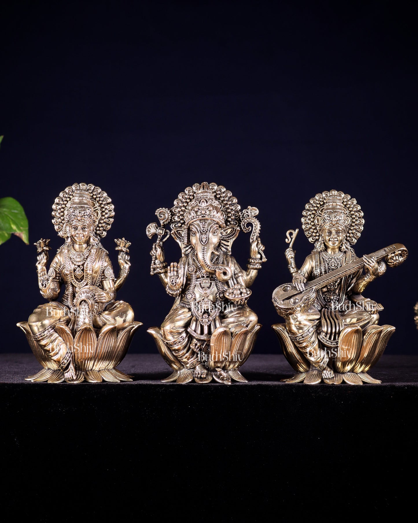 Pure Brass Superfine Ganesha Lakshmi Saraswati Idol Set – Available in 4, 6 & 8 Inches
