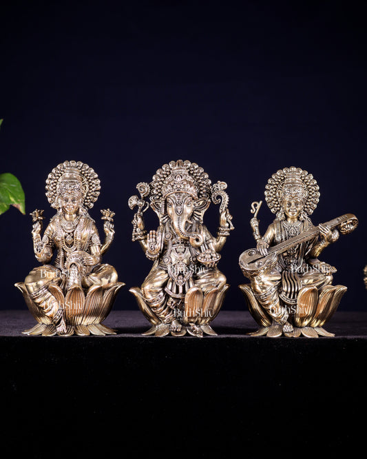 Pure Brass Superfine Ganesha Lakshmi Saraswati Idol Set – Available in 4, 6 & 8 Inches