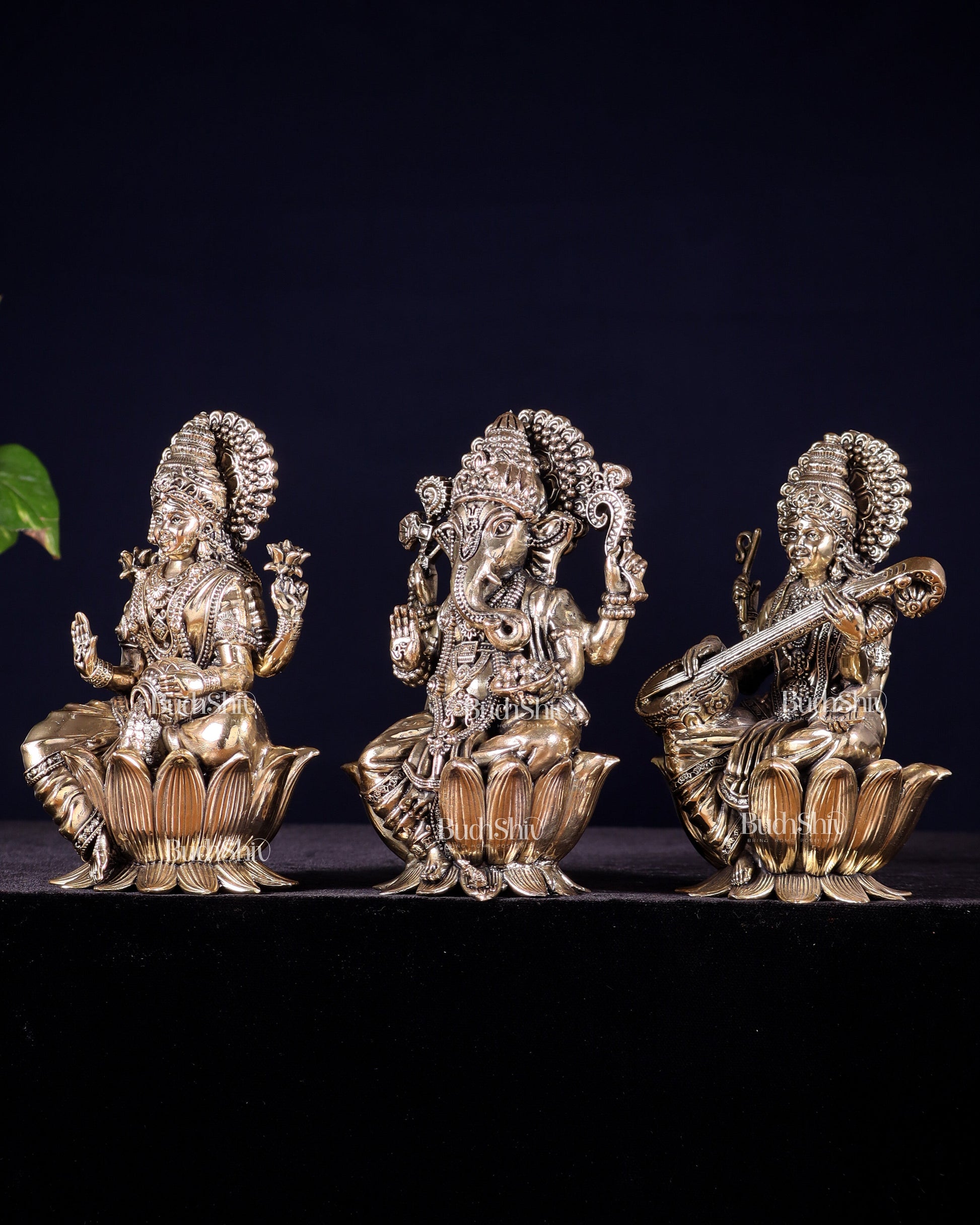 Pure Brass Superfine Ganesha Lakshmi Saraswati Idol Set – Available in 4, 6 & 8 Inches