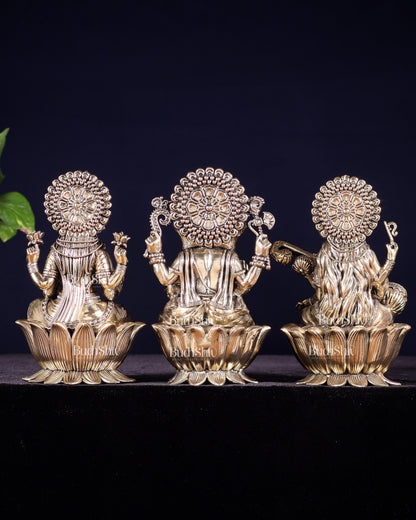 Pure Brass Superfine Ganesha Lakshmi Saraswati Idol Set – Available in 4, 6 & 8 Inches