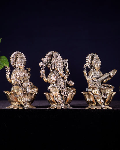 Pure Brass Superfine Ganesha Lakshmi Saraswati Idol Set – Available in 4, 6 & 8 Inches