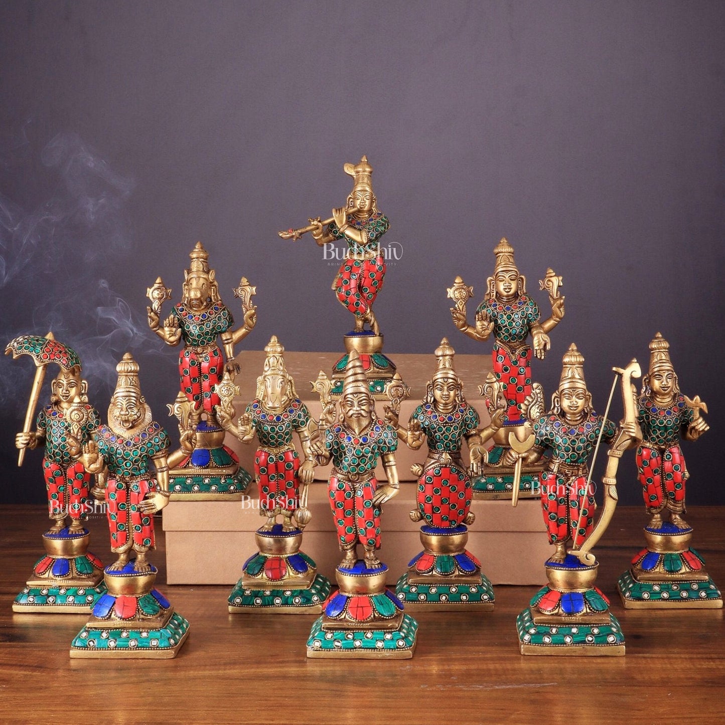 Brass Vishnu Dashavatar idols set 10 inch with Stonework