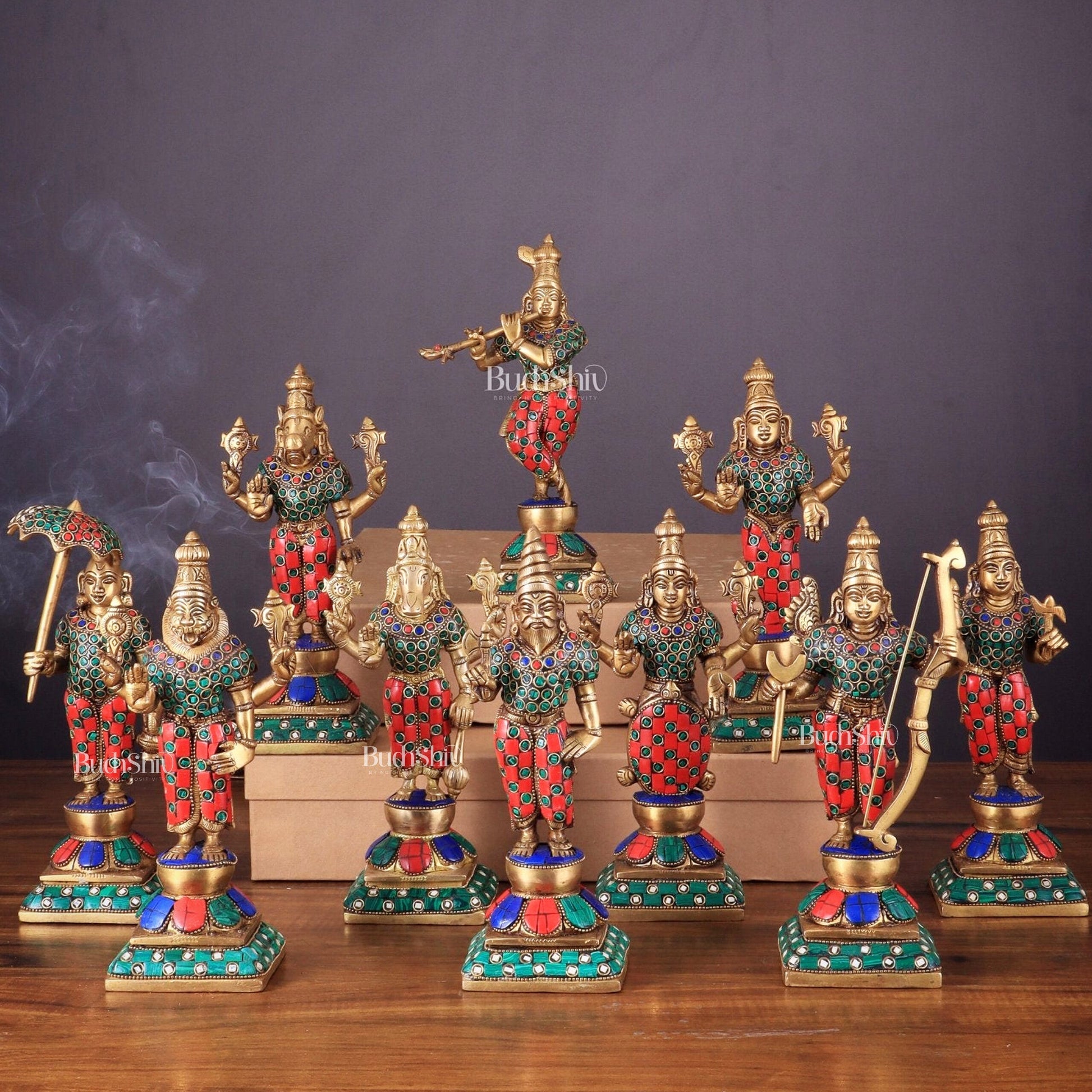 Brass Vishnu Dashavatar idols set 10 inch with Stonework
