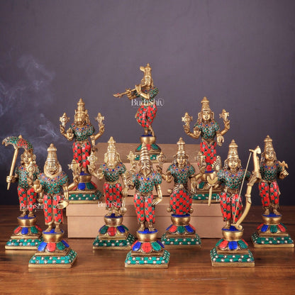 Brass Vishnu Dashavatar idols set 10 inch with Stonework