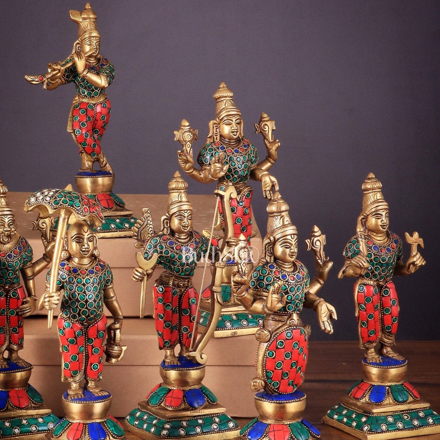 Brass Vishnu Dashavatar idols set 10 inch with Stonework