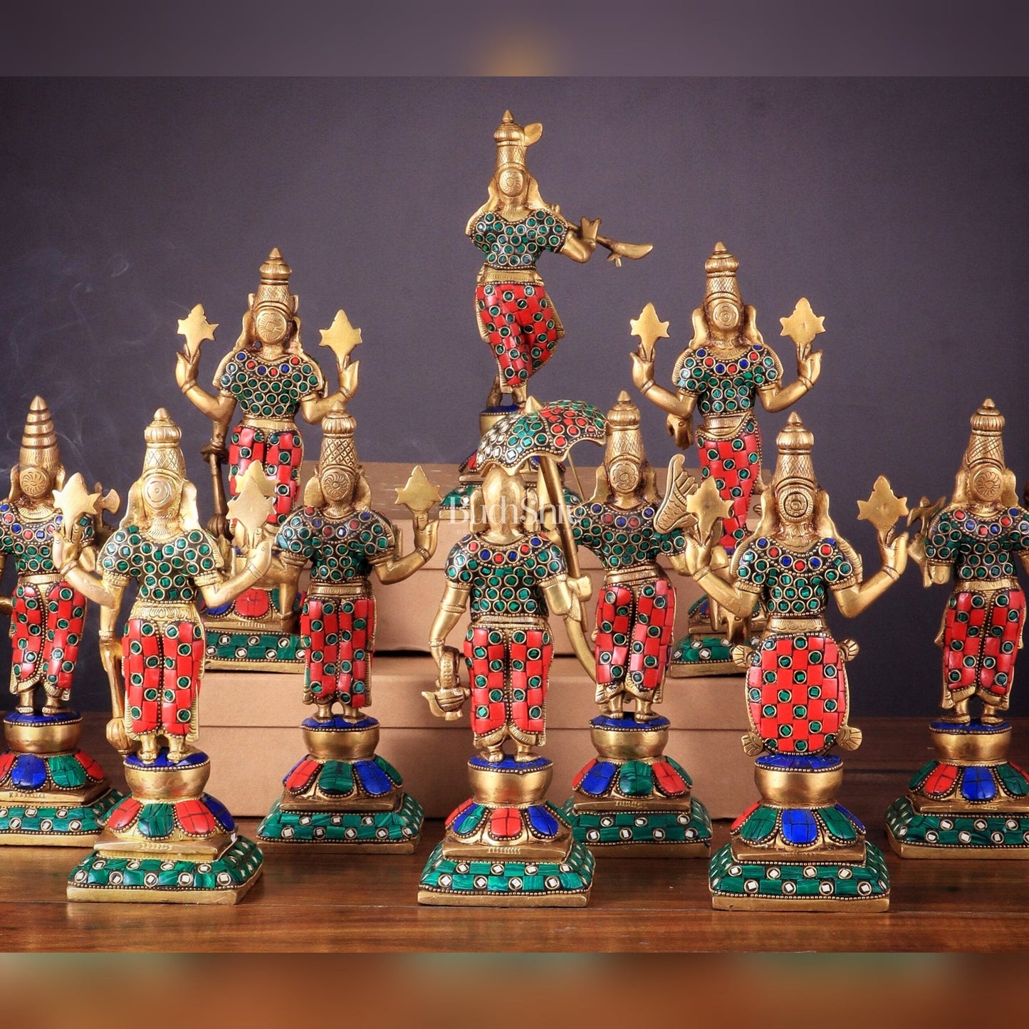 Brass Vishnu Dashavatar idols set 10 inch with Stonework