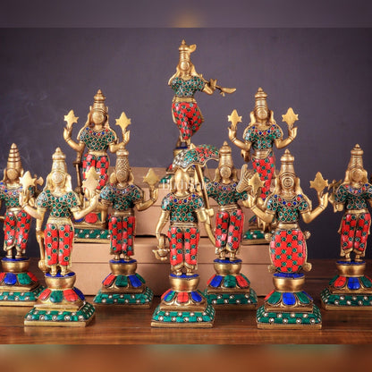Brass Vishnu Dashavatar idols set 10 inch with Stonework