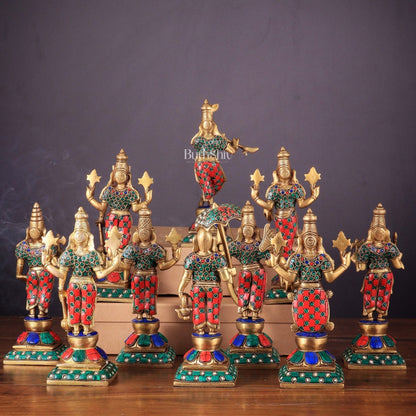 Brass Vishnu Dashavatar idols set 10 inch with Stonework