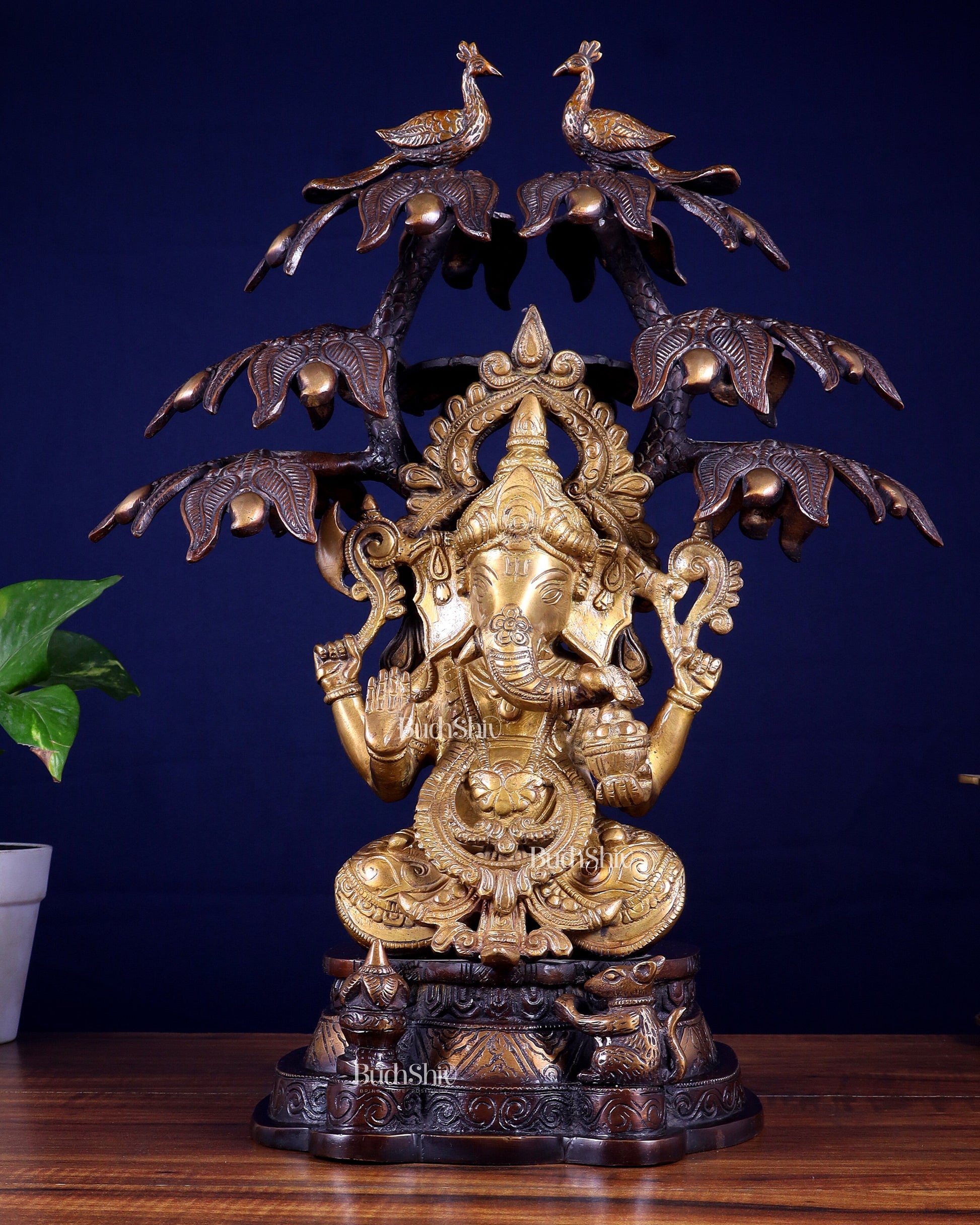 Superfine Brass Ganesha Statue Under Mango Tree | Height 17 inch