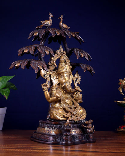 Superfine Brass Ganesha Statue Under Mango Tree | Height 17 inch