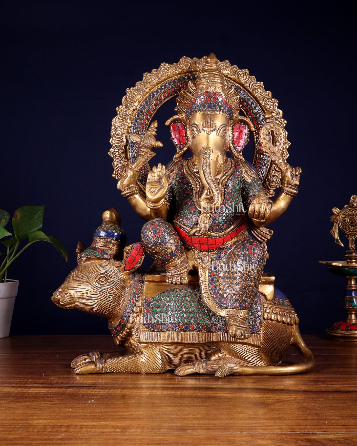 Pure Brass Ganesha sitting on mooshak idol - 16 inch