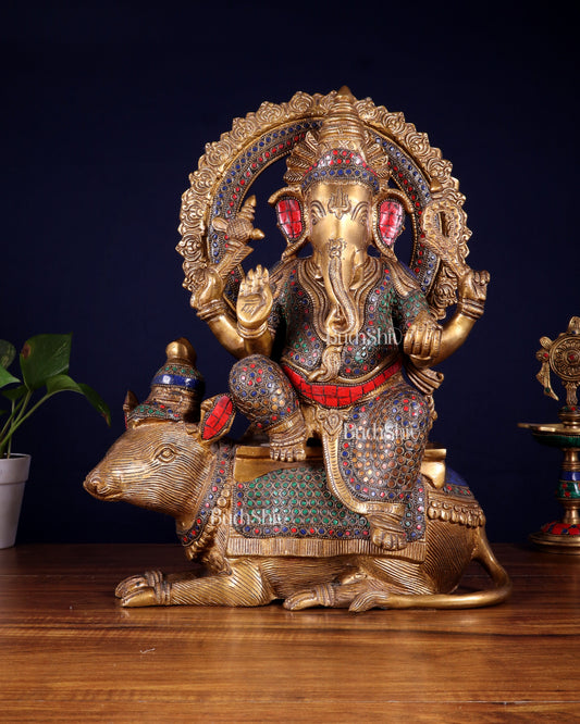 Pure Brass Ganesha sitting on mooshak idol - 16 inch
