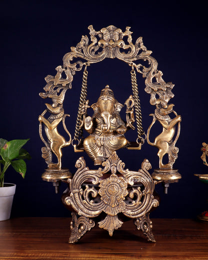 Pure Brass Lord Ganesha on a Swing Urli – Dual Tone Finish 20"