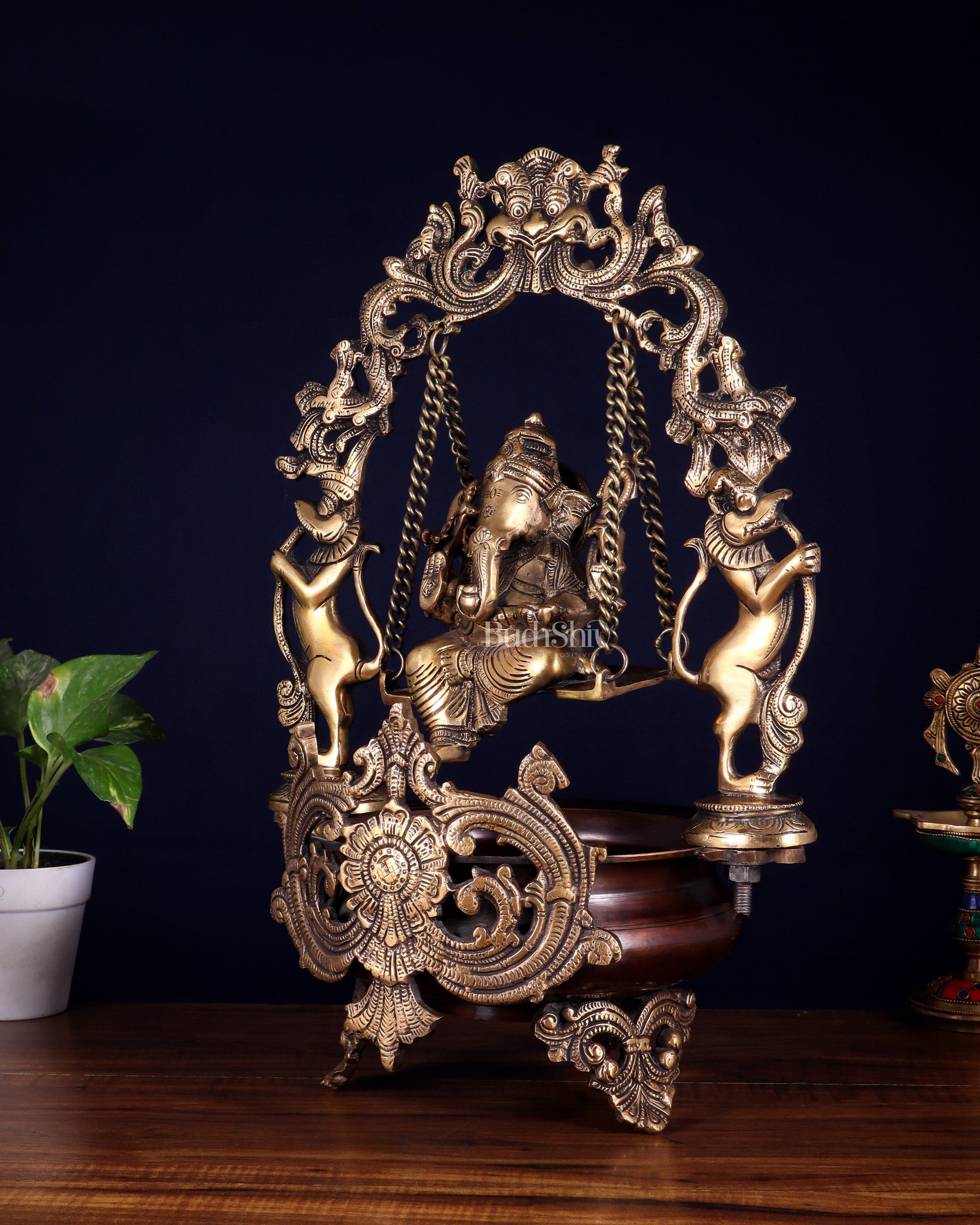 Pure Brass Lord Ganesha on a Swing Urli – Dual Tone Finish 20"