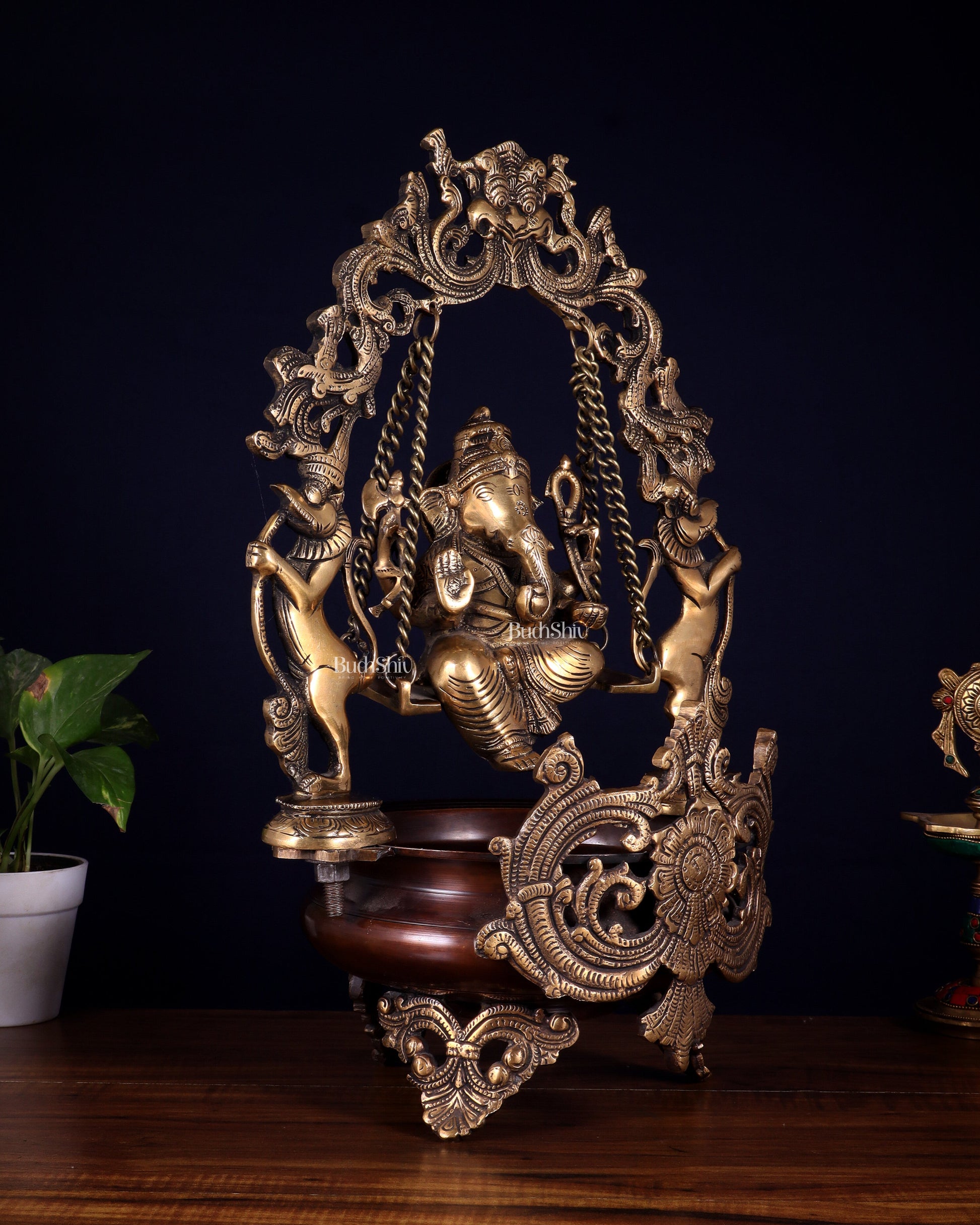 Pure Brass Lord Ganesha on a Swing Urli – Dual Tone Finish 20"