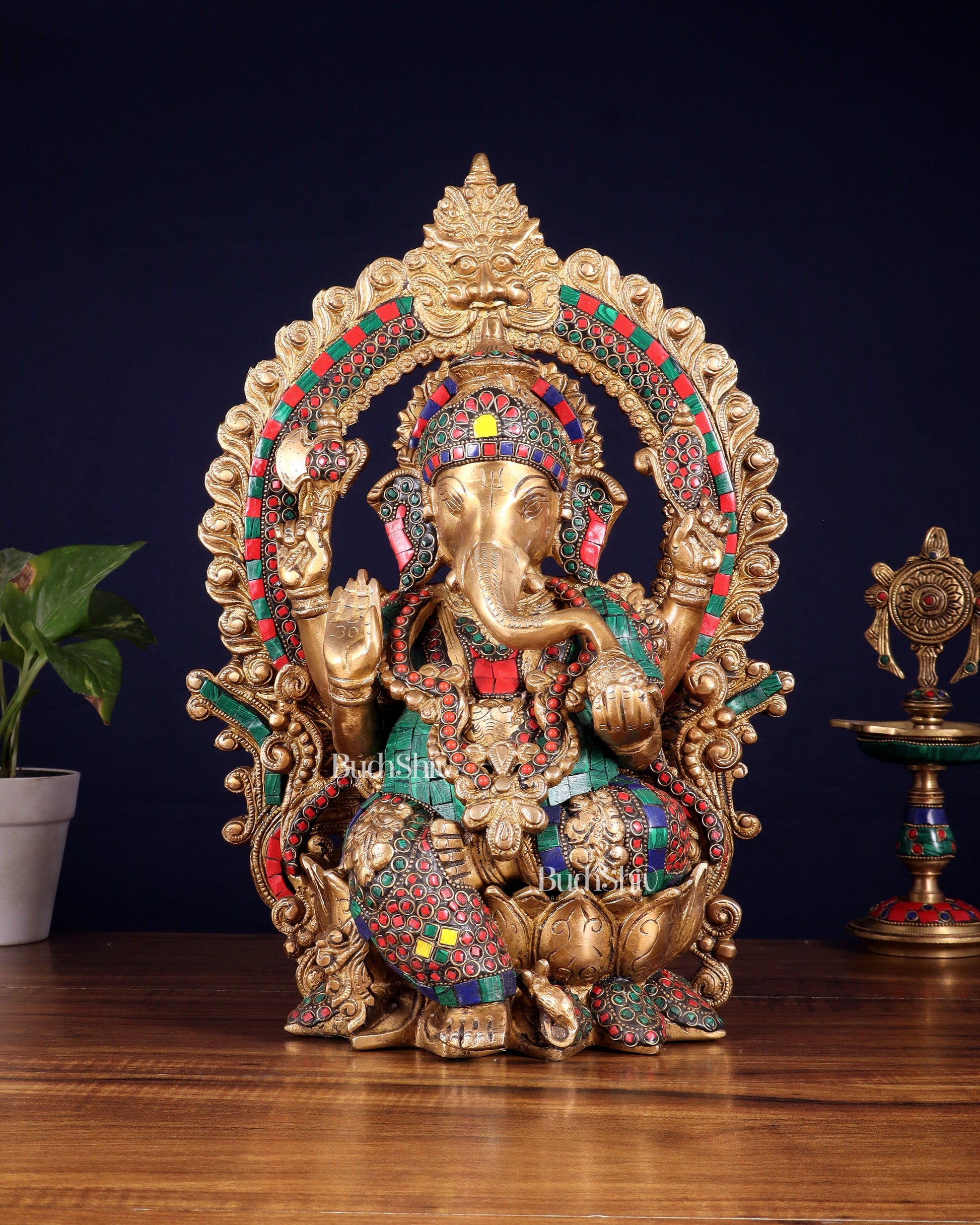 Ganesha Brass statue with Stonework 15.5 inch