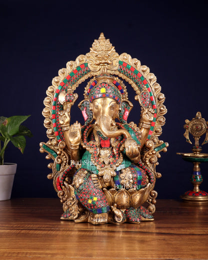 Ganesha Brass statue with Stonework 15.5 inch