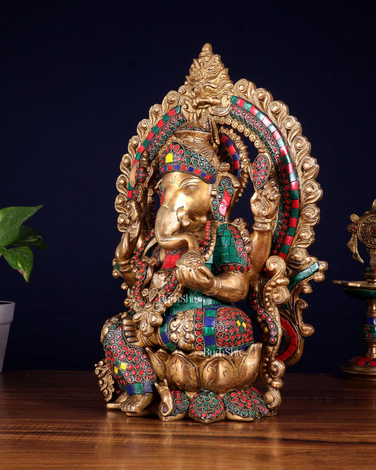 Ganesha Brass statue with Stonework 15.5 inch
