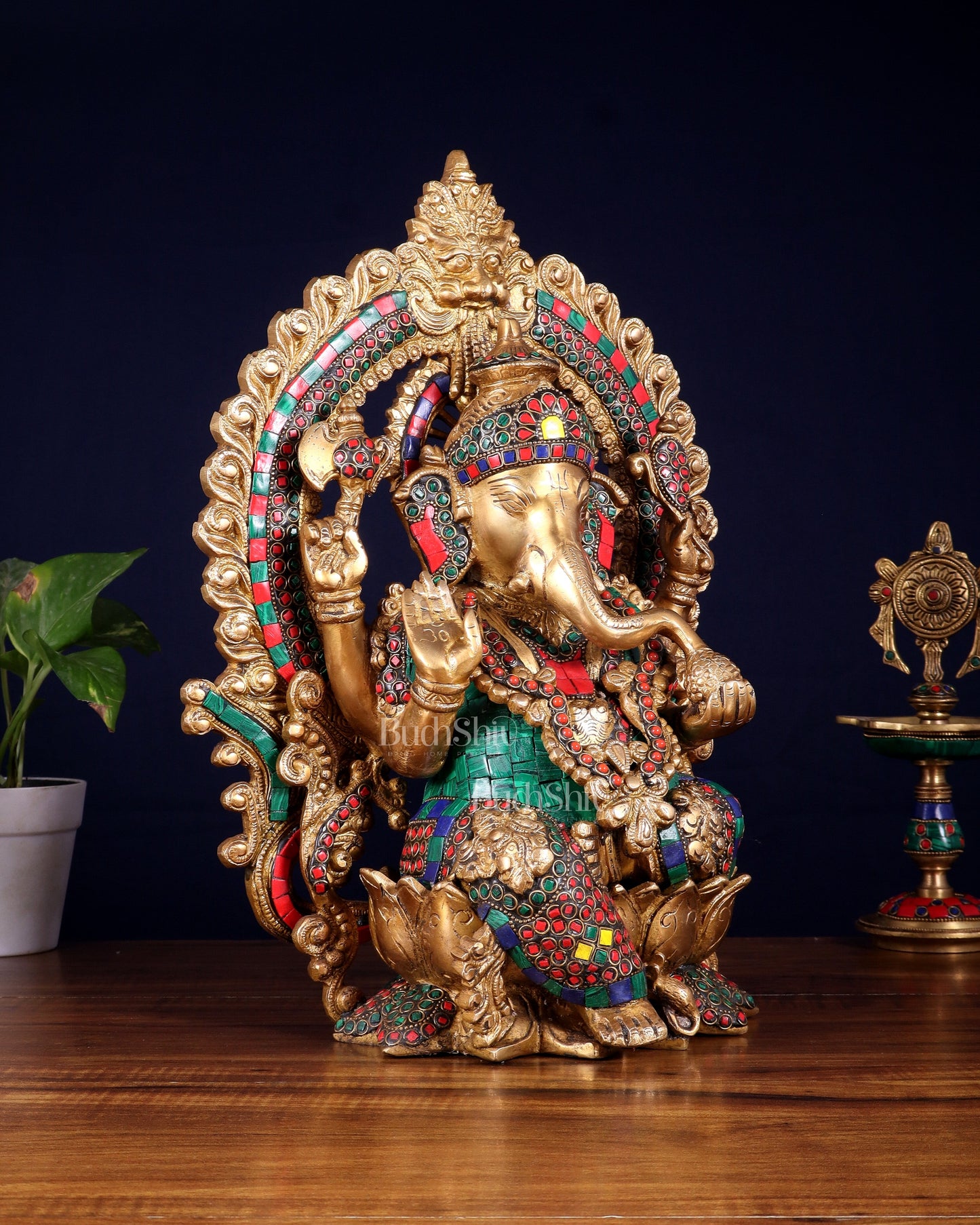 Ganesha Brass statue with Stonework 15.5 inch