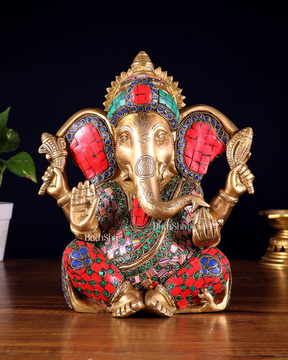 Brass Lord Ganesha Statue with unique Stonework - 10"