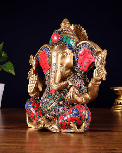 Brass Lord Ganesha Statue with unique Stonework - 10"