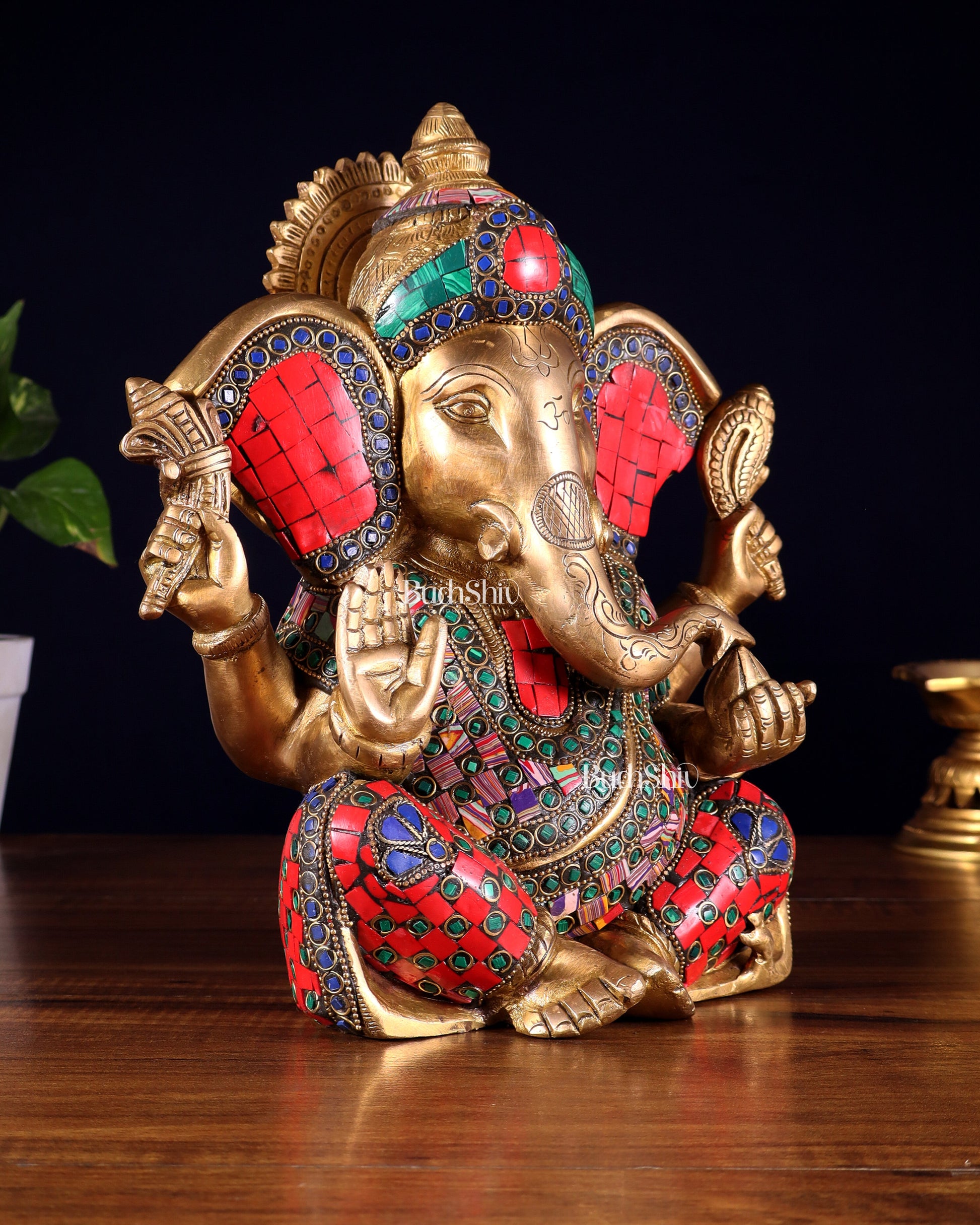 Brass Lord Ganesha Statue with unique Stonework - 10"
