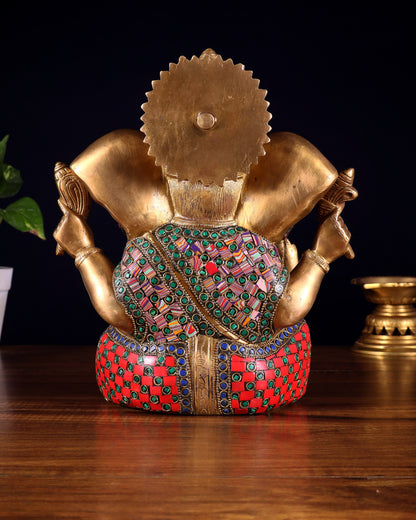 Brass Lord Ganesha Statue with unique Stonework - 10"