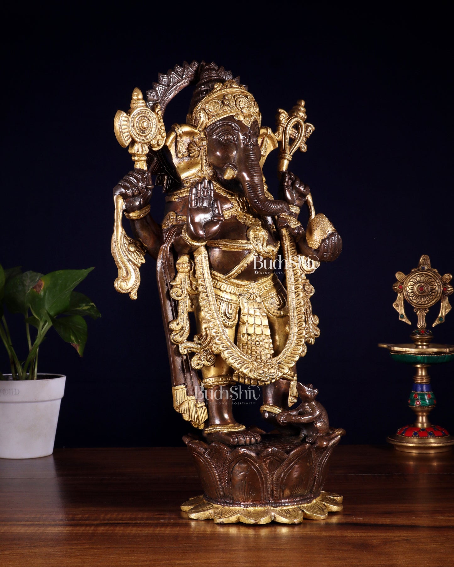 Pure Brass Standing Ganesha on Lotus Pedestal – South Indian Copper & Gold Tone Finish