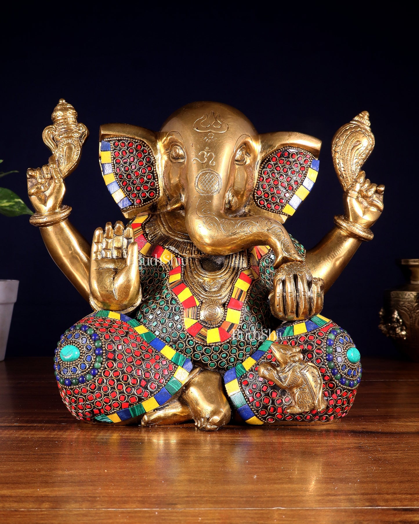 Large Brass Bald Ganesha Statue - 11 Inch