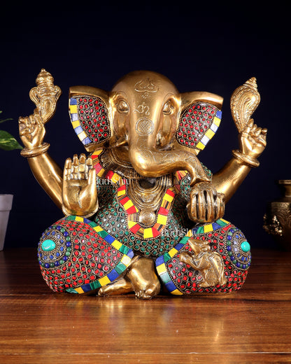Large Brass Bald Ganesha Statue - 11 Inch