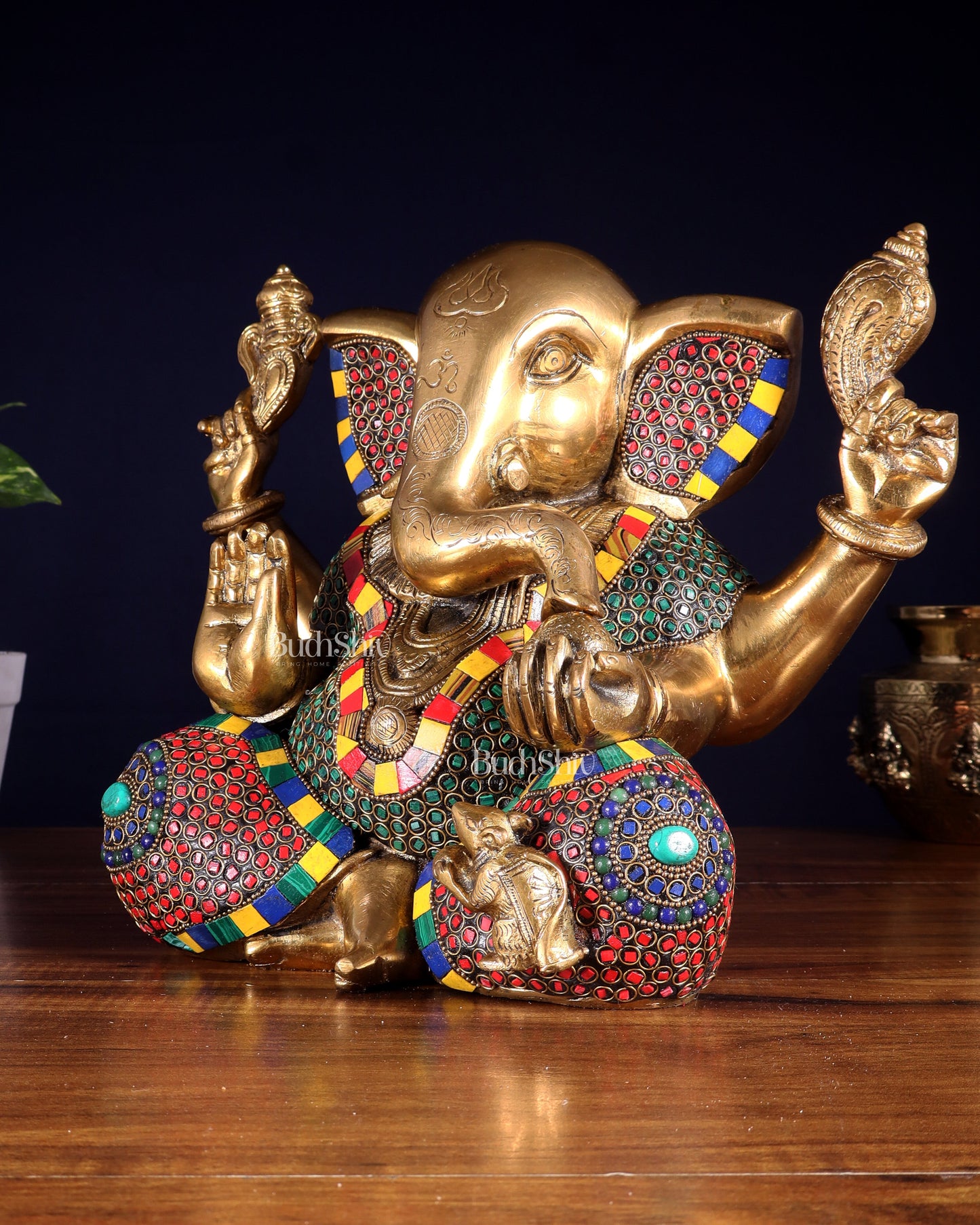 Large Brass Bald Ganesha Statue - 11 Inch