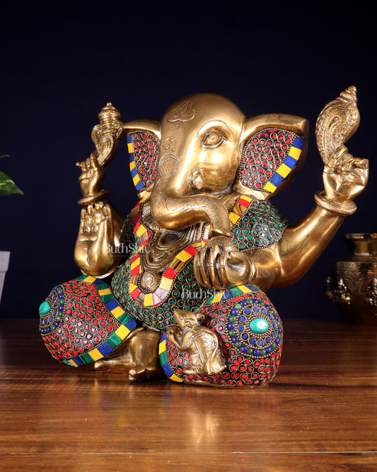 Large Brass Bald Ganesha Statue - 11 Inch