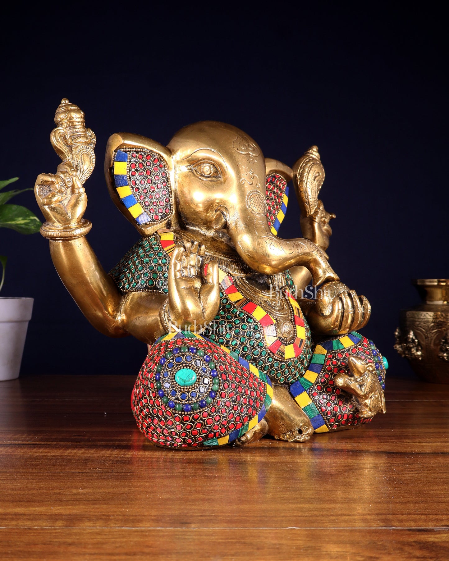 Large Brass Bald Ganesha Statue - 11 Inch