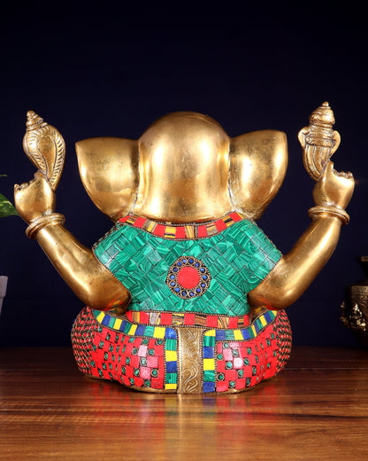Large Brass Bald Ganesha Statue - 11 Inch