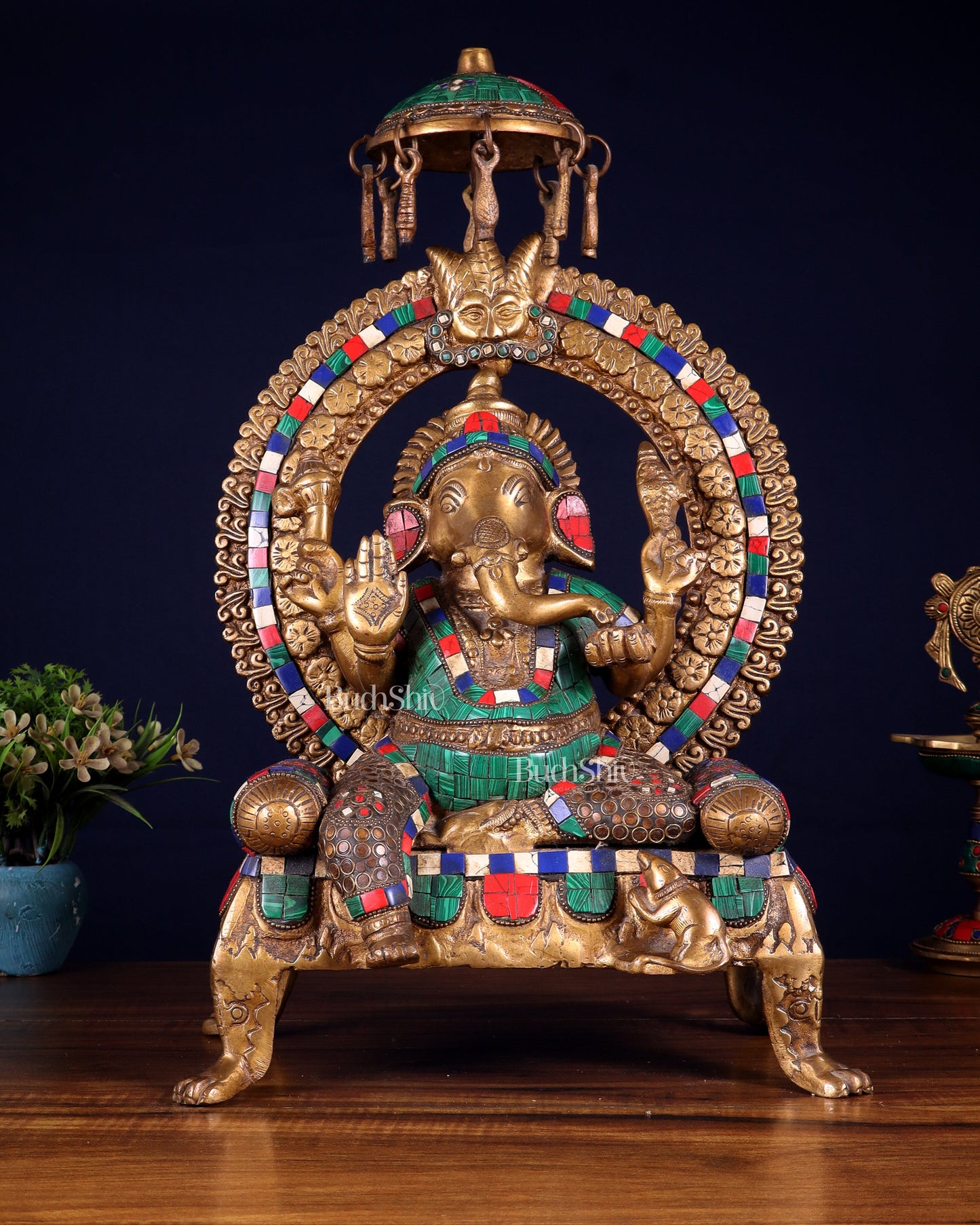 Brass Ganesha Statue with Natural Stone Embellishments - 17.5" Height