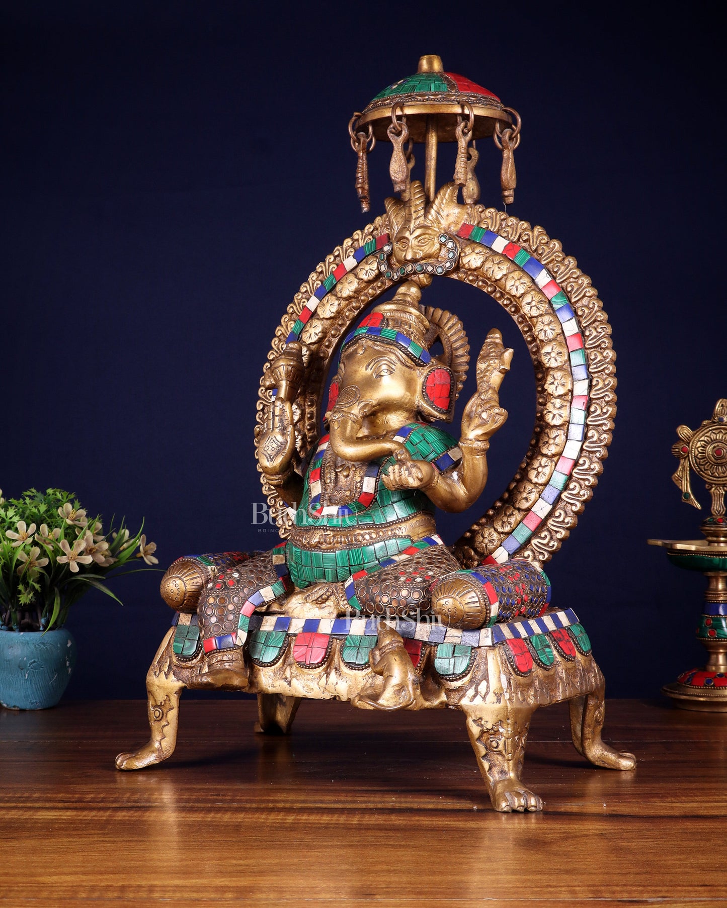 Brass Ganesha Statue with Natural Stone Embellishments - 17.5" Height