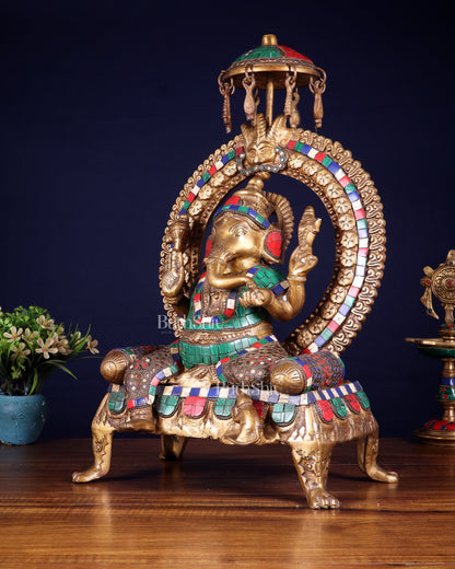 Brass Ganesha Statue with Natural Stone Embellishments - 17.5" Height