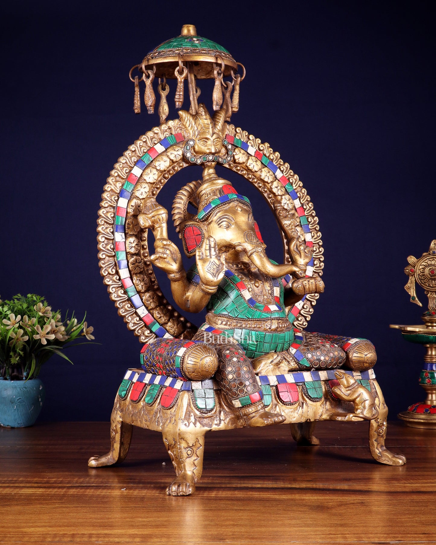 Brass Ganesha Statue with Natural Stone Embellishments - 17.5" Height