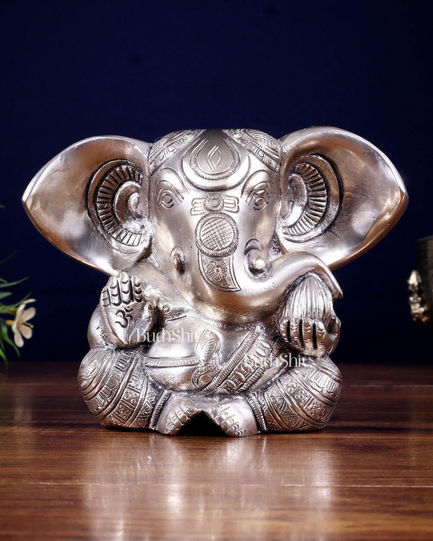 Pure Brass Ganesha Superfine Statue Big ears 6" silver plated