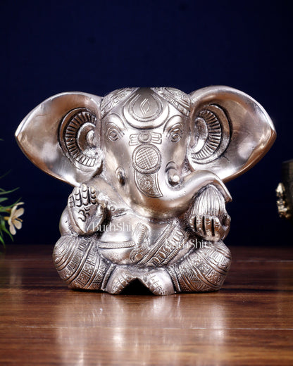 Pure Brass Ganesha Superfine Statue Big ears 6" silver plated