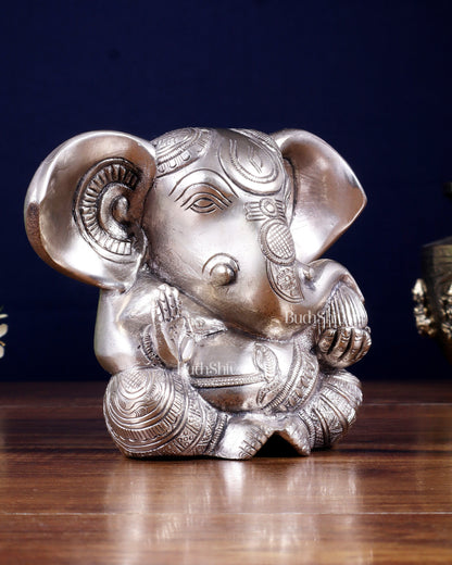 Pure Brass Ganesha Superfine Statue Big ears 6" silver plated