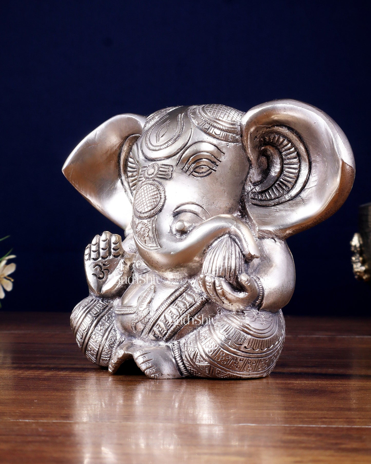 Pure Brass Ganesha Superfine Statue Big ears 6" silver plated
