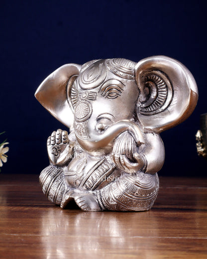 Pure Brass Ganesha Superfine Statue Big ears 6" silver plated