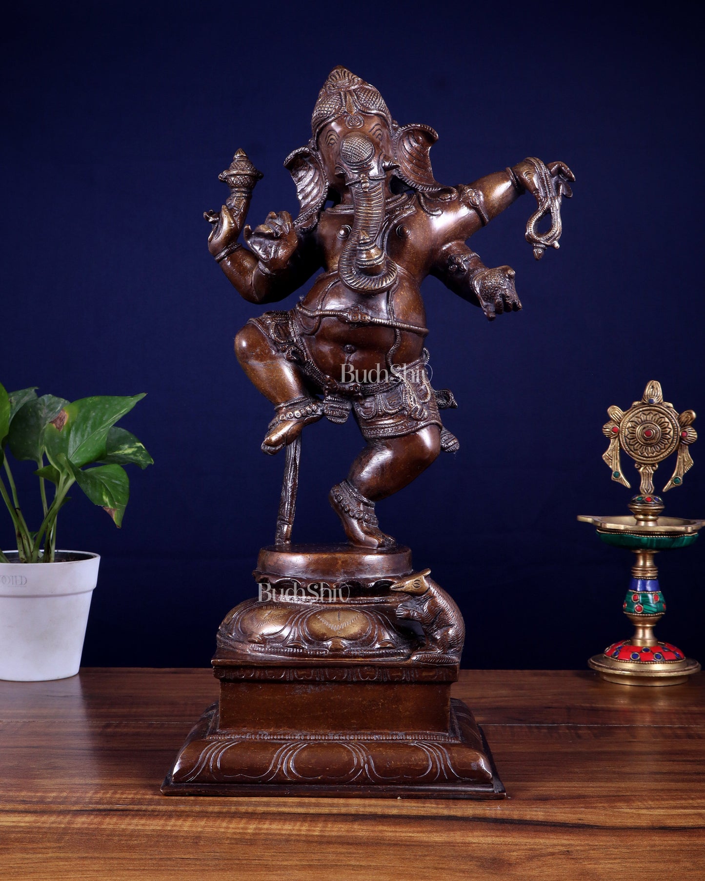 Pure Brass Dancing Ganesha Statue – Brown Tone Finish 16 inch