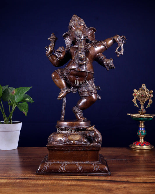 Pure Brass Dancing Ganesha Statue – Brown Tone Finish 16 inch